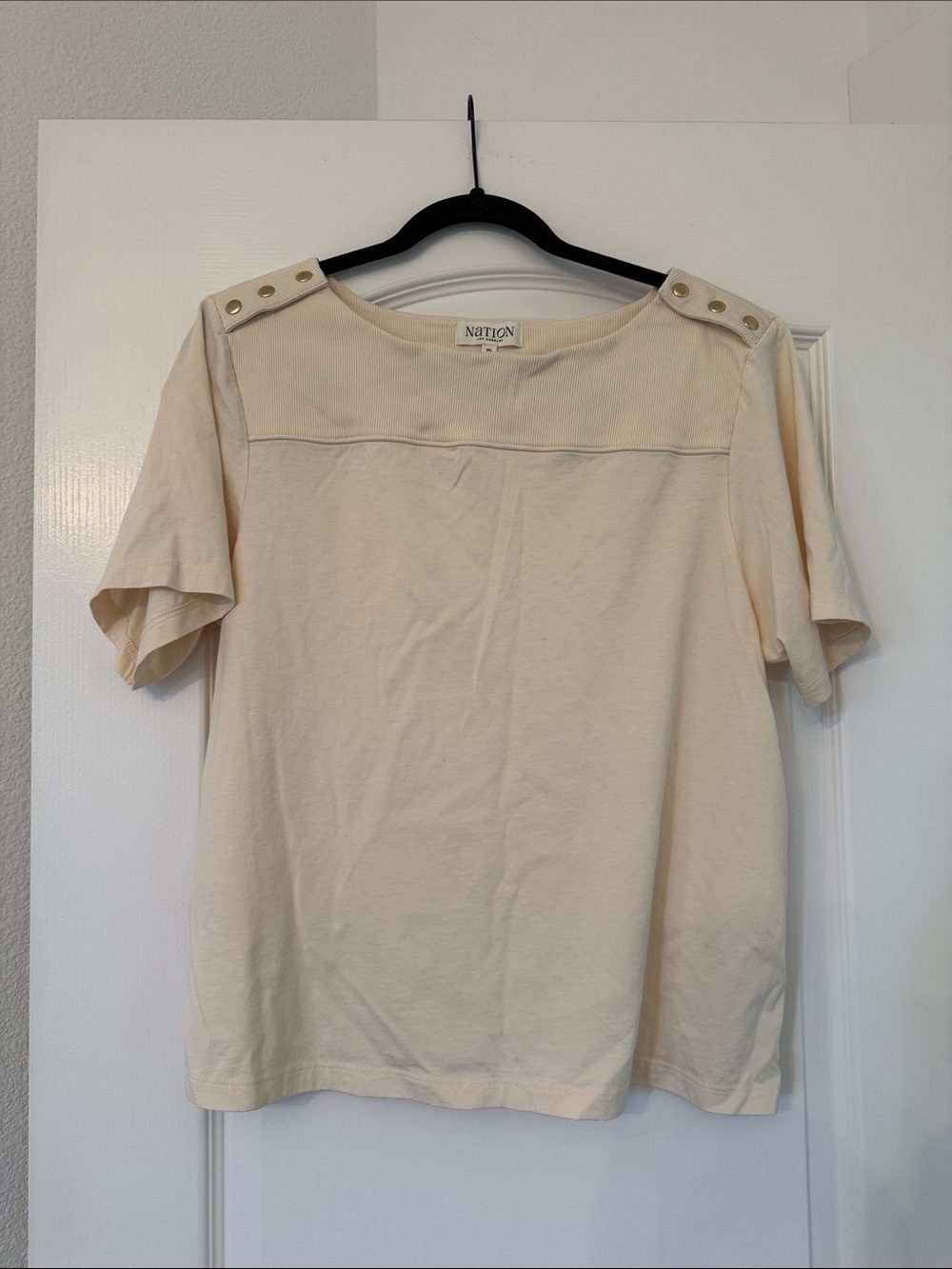 Nation LTD Cream Short Sleeve Top with Shoulder Snap Detail